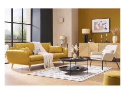 Sillón moderno de tejido efecto aterciopelado beige y metal negro MAXINE