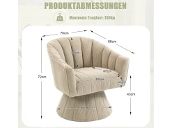 Sillón moderno giratorio 360° - 70 x 66 x 72 cm - con asiento y respaldo ergonómicos + reposabrazos - terciopelo - caqui