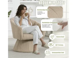 Sillón moderno giratorio 360° - 70 x 66 x 72 cm - con asiento y respaldo ergonómicos + reposabrazos - terciopelo - caqui