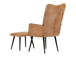 Sillón orejero con reposapiés cuero auténtico marrón canela