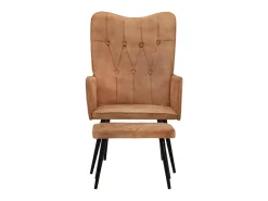 Sillón orejero con reposapiés cuero auténtico marrón canela