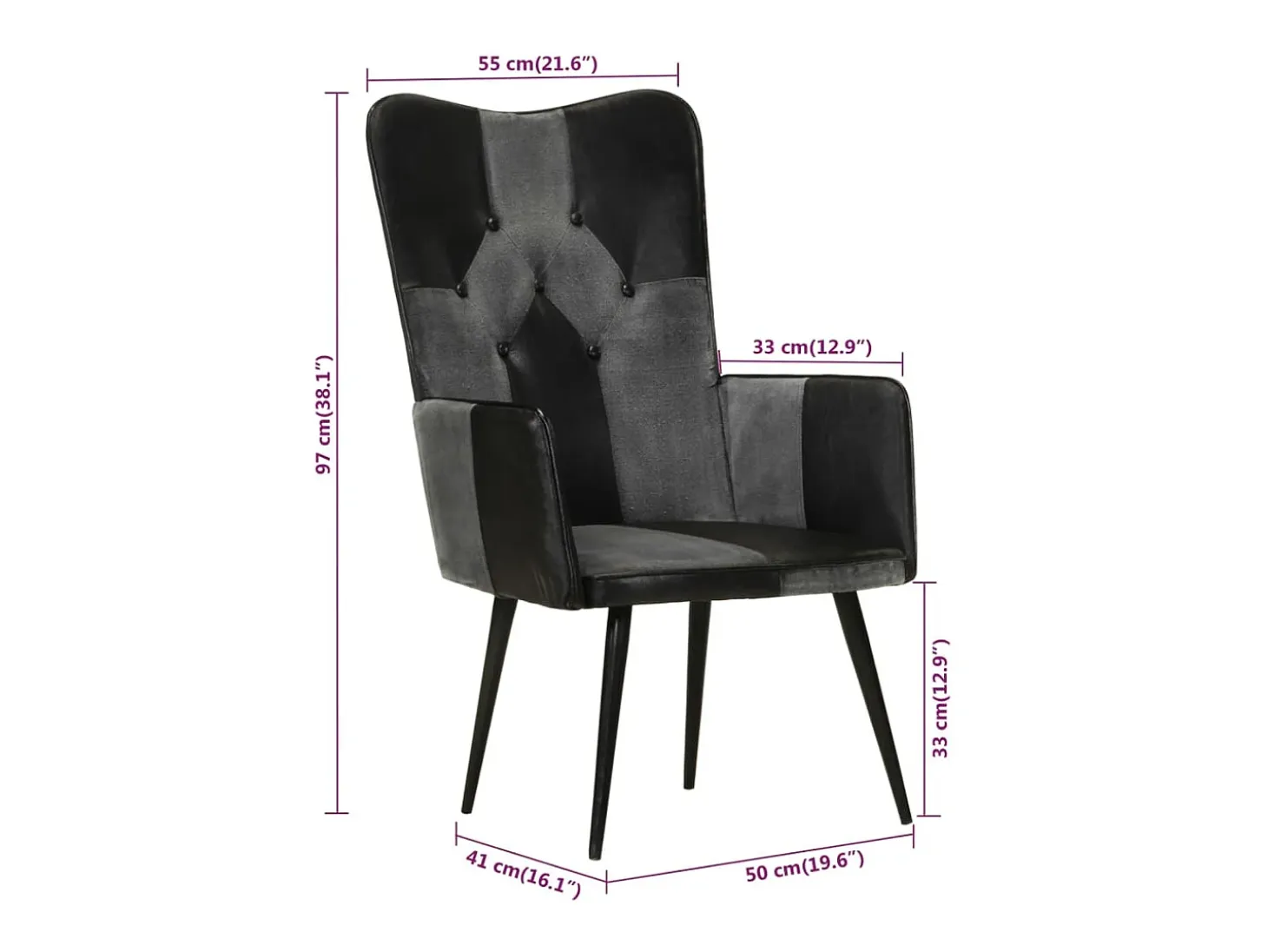 Sillón orejero cuero auténtico negro y gris
