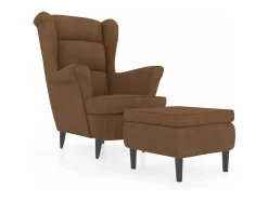 Sillón orejero y taburete de terciopelo marrón