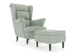 Sillón orejero y taburete de terciopelo gris claro