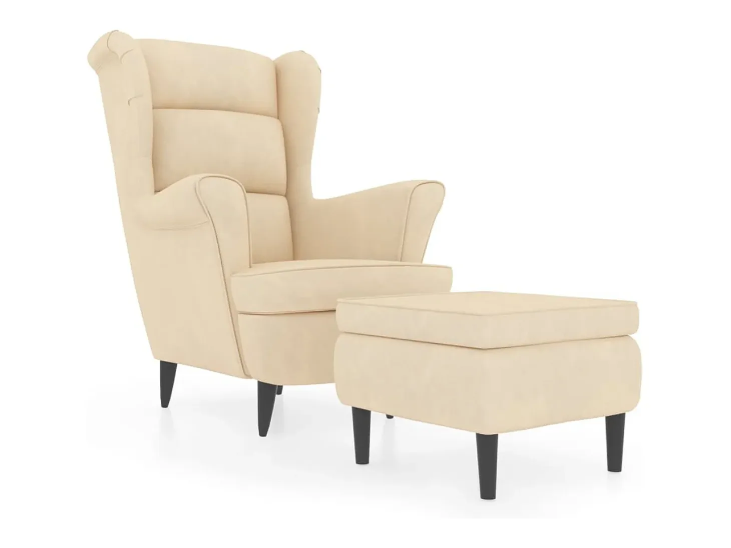 Sillón orejero y taburete de terciopelo crema