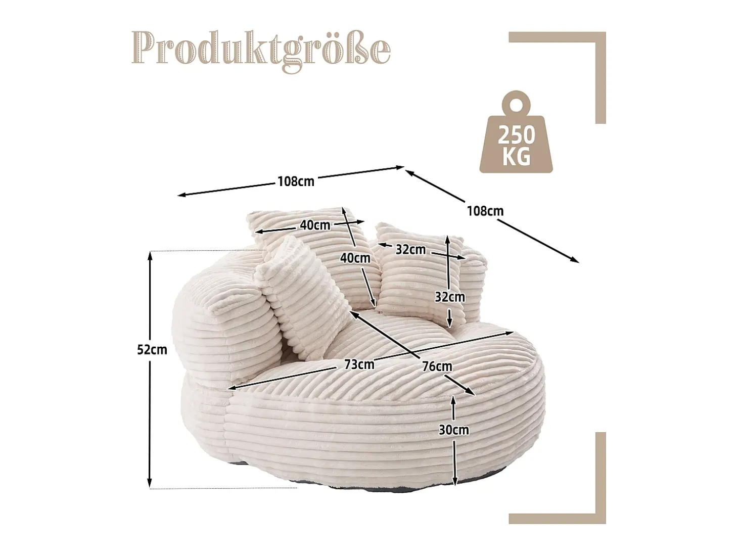 Sillón puf de pana - Con 3 cojines - Beige