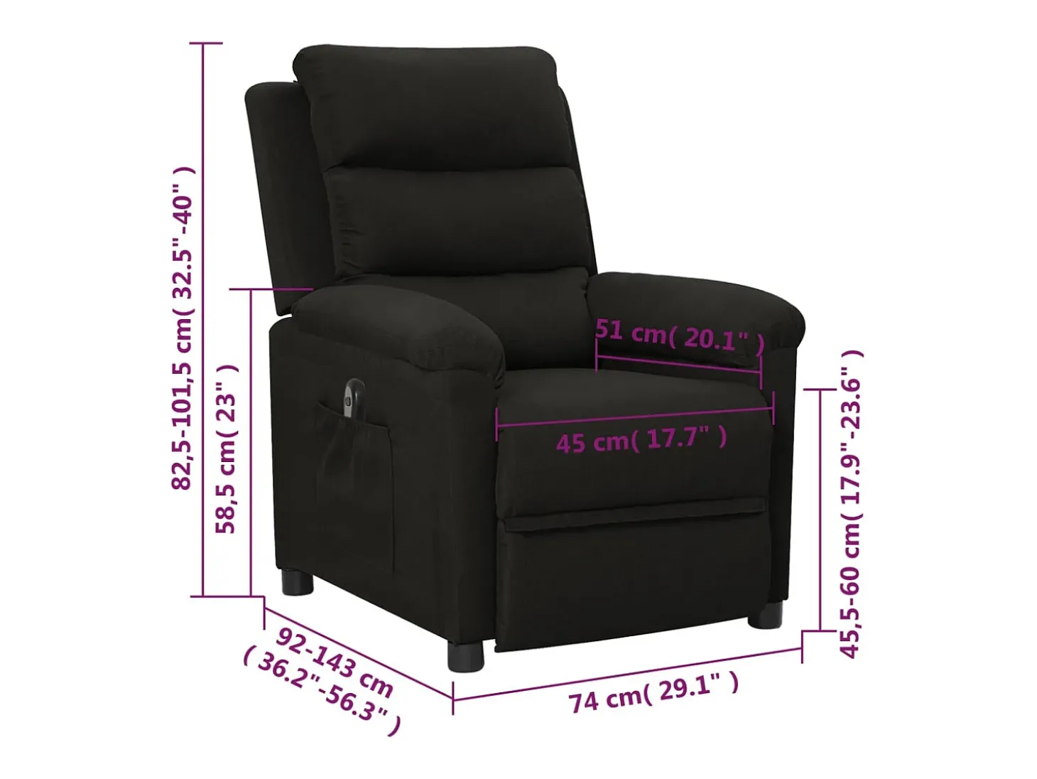 Sillón reclinable eléctrico de tela negro