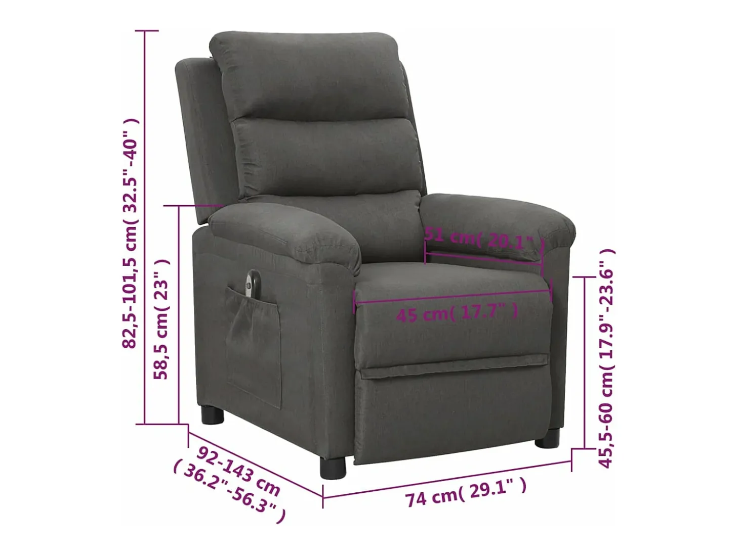 Sillón reclinable eléctrico de tela gris oscuro