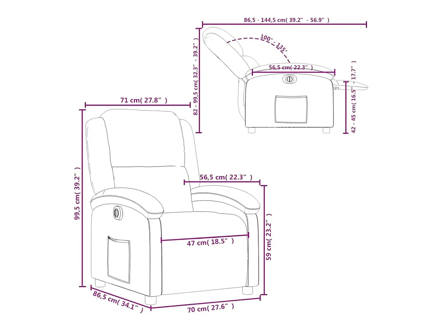 Sillón reclinable eléctrico de cuero auténtico blanco crema
