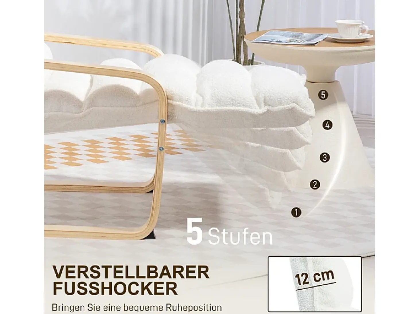 Sillón reclinable, funda suave de sherpa, poliéster, color blanco, con reposapiés ajustable (67x93-114x105 cm)