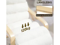 Sillón reclinable, funda suave de sherpa, poliéster, color blanco, con reposapiés ajustable (67x93-114x105 cm)