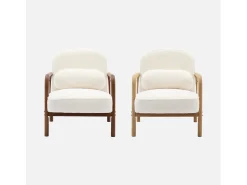 Sillón redondo escandinavo de madera de hevea y tela efecto pelo