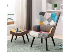 Sillón relajante con taburete Sillón patchwork sillón de madera salón, sillón de TV moderno sillón de lino patas de madera maciza