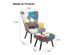 Sillón relajante con taburete Sillón patchwork sillón de madera salón, sillón de TV moderno sillón de lino patas de madera maciza