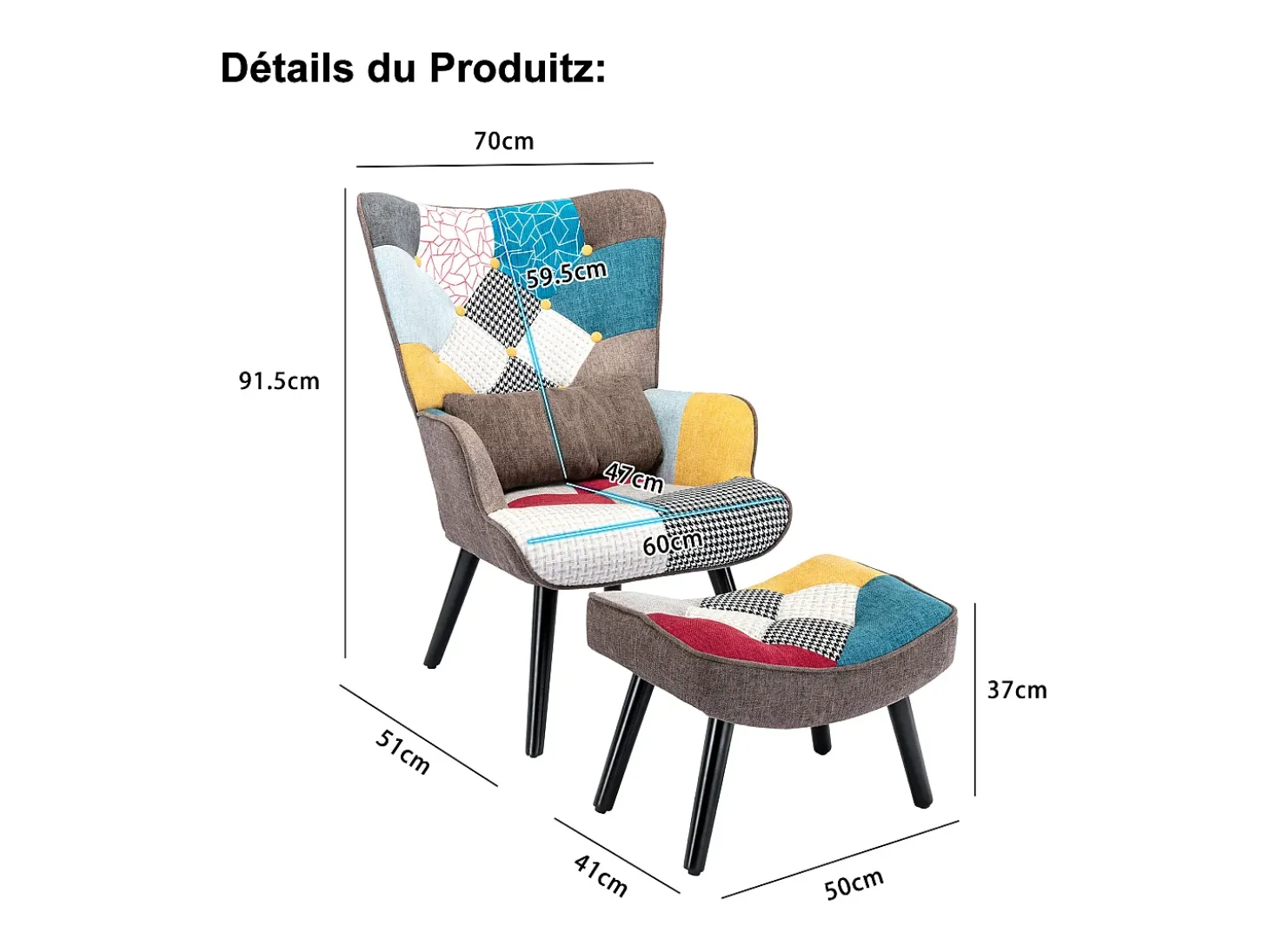 Sillón relajante con taburete Sillón patchwork sillón de madera salón, sillón de TV moderno sillón de lino patas de madera maciza