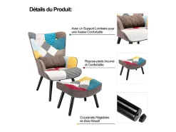 Sillón relajante con taburete Sillón patchwork sillón de madera salón, sillón de TV moderno sillón de lino patas de madera maciza