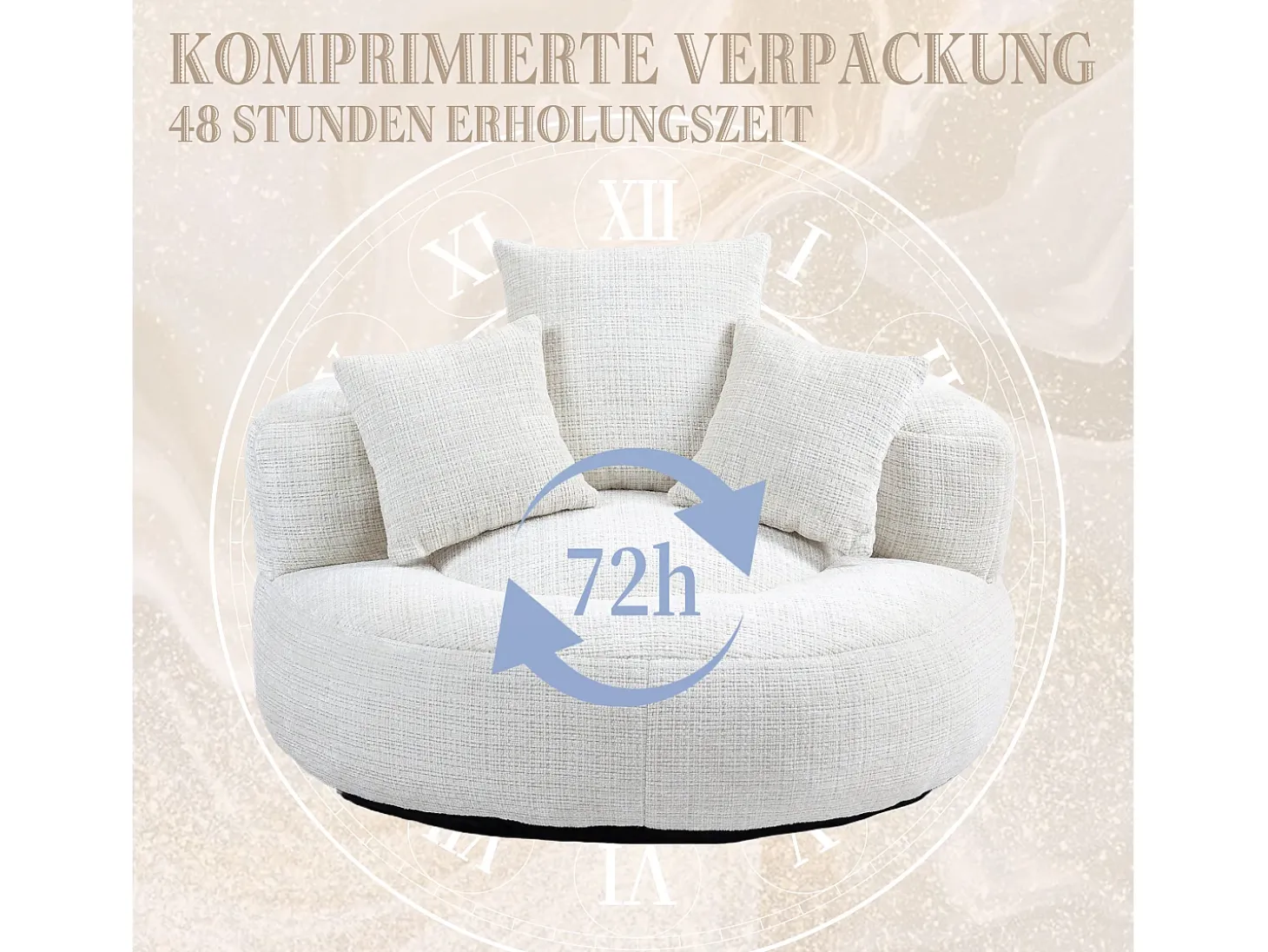 Sillón relax con respaldo alto y asiento de chenilla beige, para adultos y niños (108 x 108 x 52 cm)