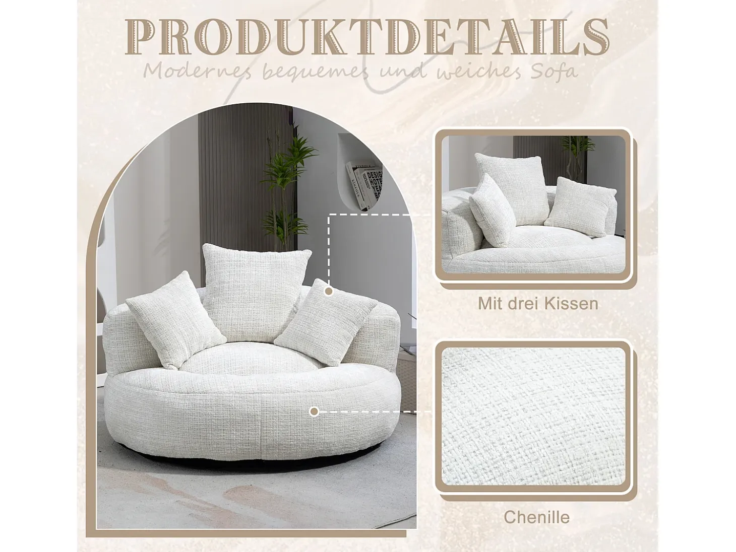Sillón relax con respaldo alto y asiento de chenilla beige, para adultos y niños (108 x 108 x 52 cm)