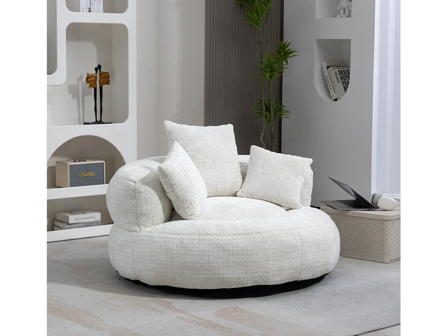 Sillón relax con respaldo alto y asiento de chenilla beige, para adultos y niños (108 x 108 x 52 cm)