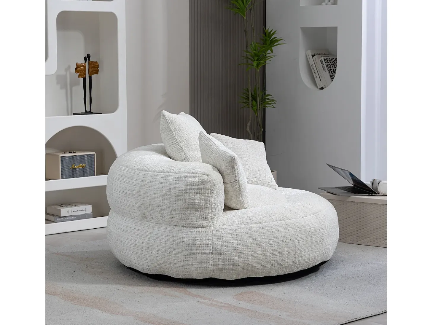 Sillón relax con respaldo alto y asiento de chenilla beige, para adultos y niños (108 x 108 x 52 cm)