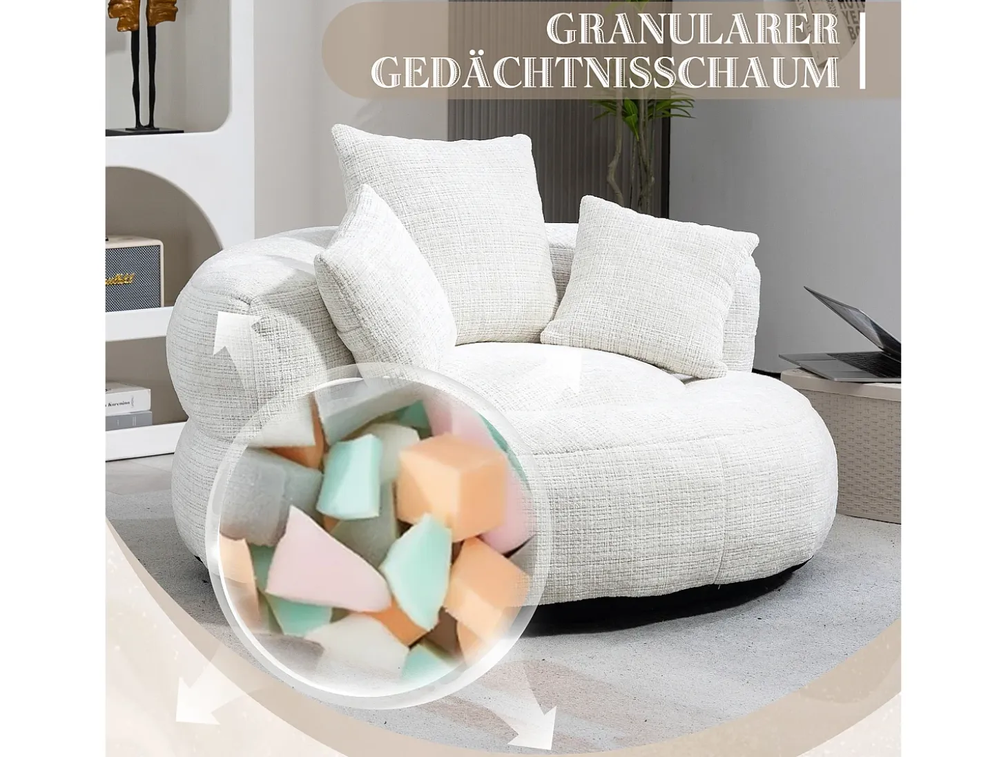 Sillón relax con respaldo alto y asiento de chenilla beige, para adultos y niños (108 x 108 x 52 cm)