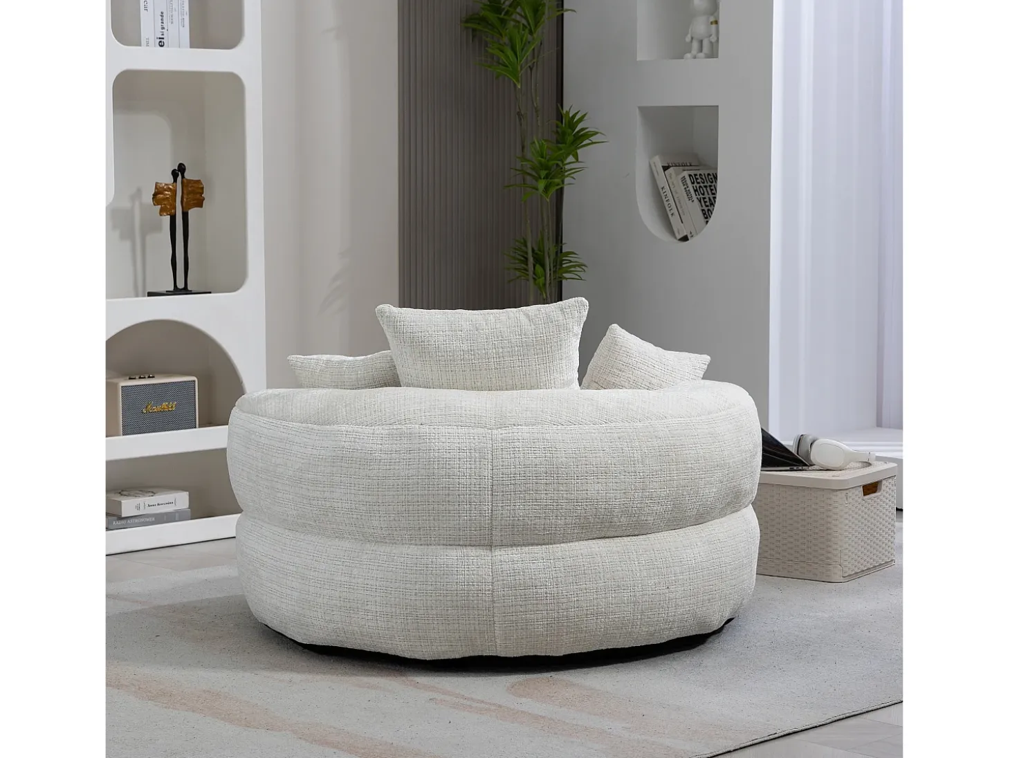 Sillón relax con respaldo alto y asiento de chenilla beige, para adultos y niños (108 x 108 x 52 cm)
