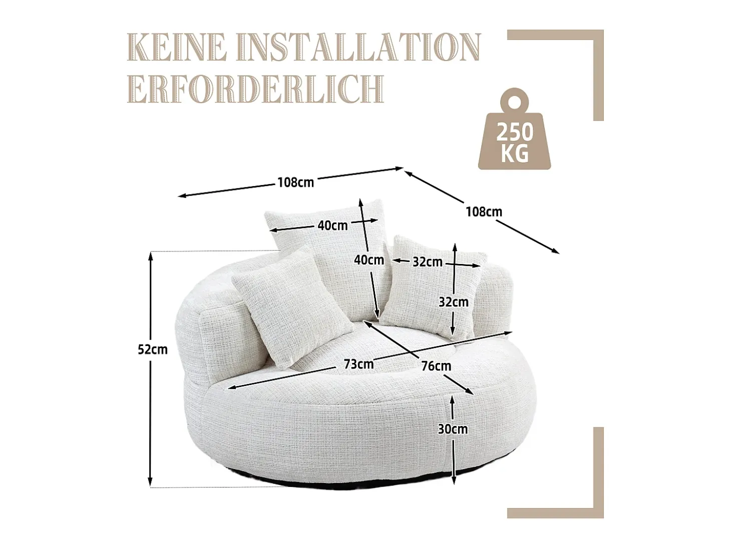 Sillón relax con respaldo alto y asiento de chenilla beige, para adultos y niños (108 x 108 x 52 cm)
