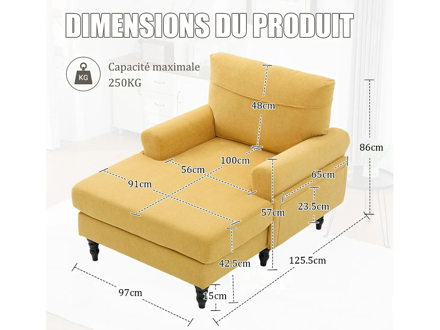 Sillón Relax de 1 Plaza en Chenilla - Respaldo Envolvente, Asiento Extra Profundo 100cm, Estructura 250kg - Para Salón, Oficina o Balcón - Patas de Madera Maciza