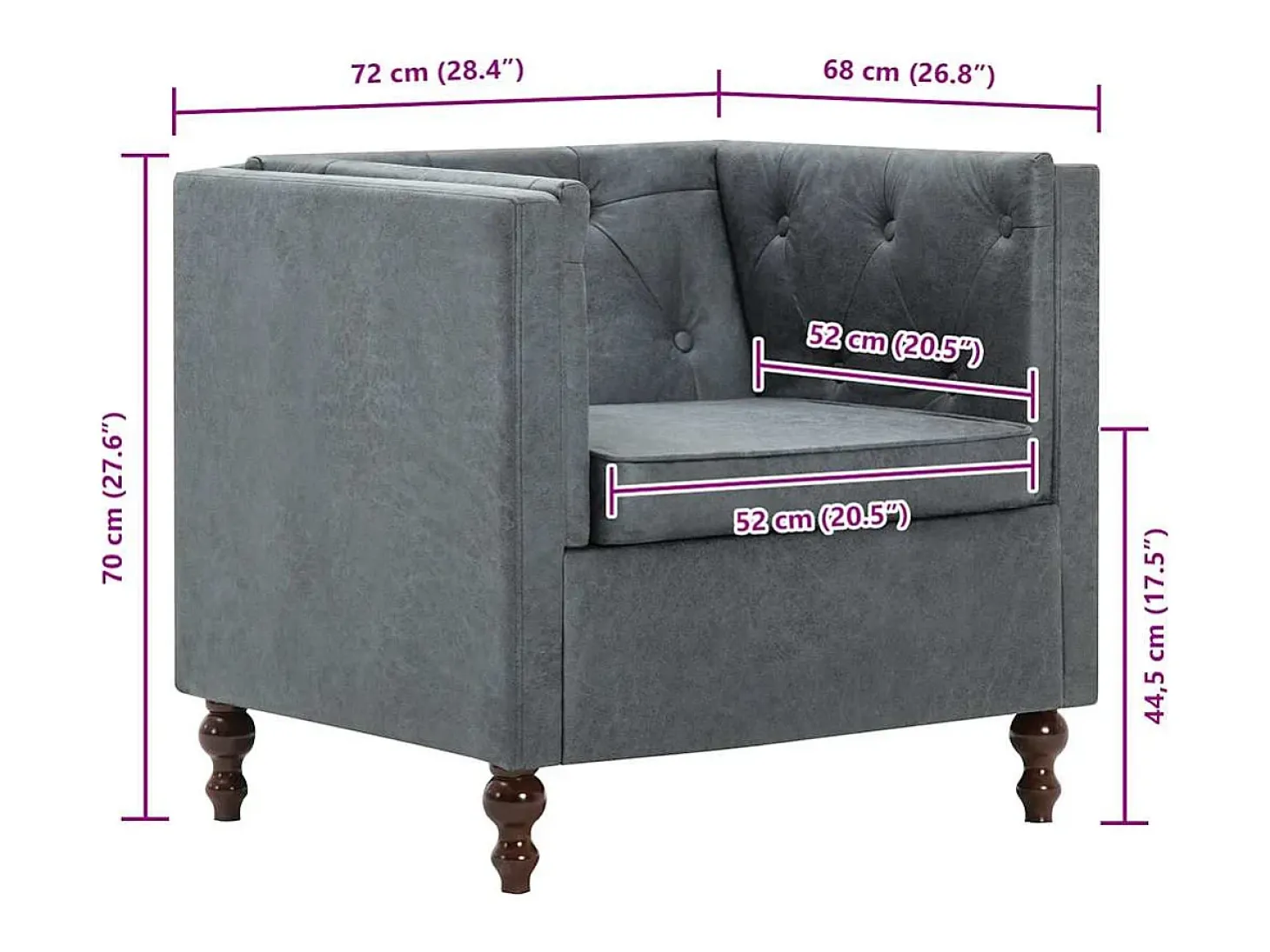 Sillón Santa Cruz tapizado de tela gris 70x72x68 cm