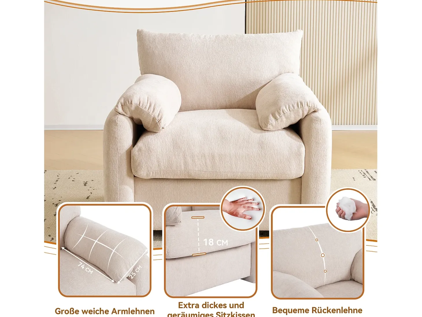 Sillón, sofá de 1 plaza en tejido chenilla - con reposabrazos y respaldo - 96 x 82 x 84 cm - para salón, dormitorio - Beige
