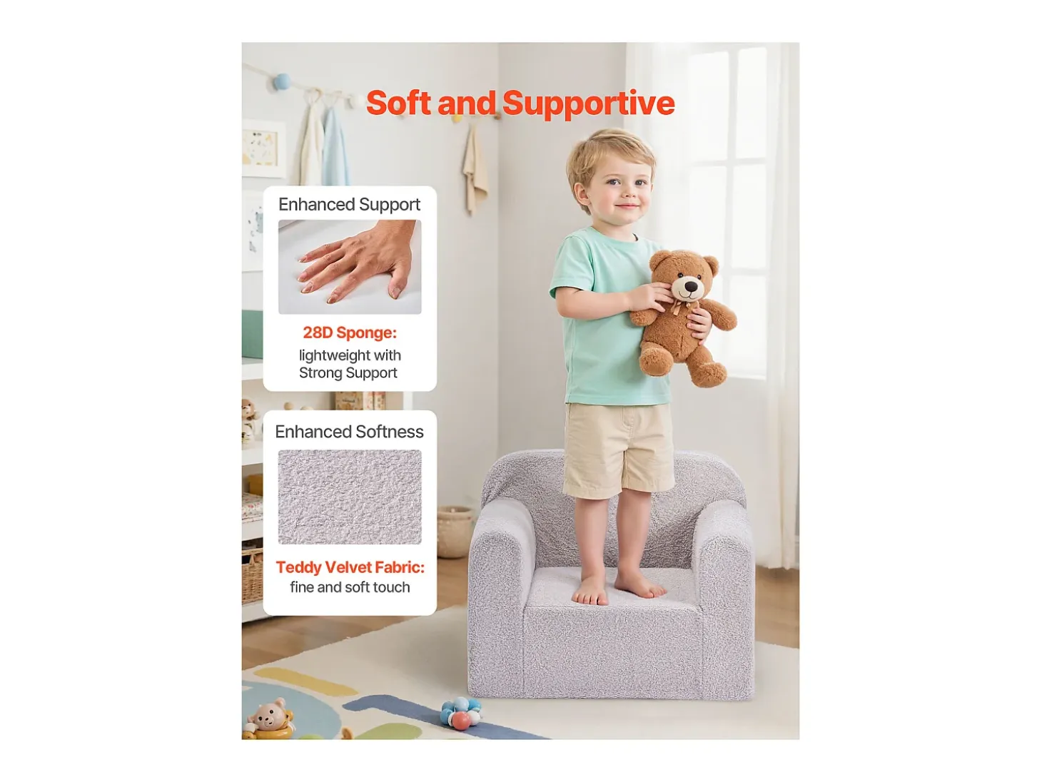 Sillón SucceBuy para Niños Cómodo, Silla Infantil de Espuma con Reposabrazos y Asa, Sofá para Niños Pequeños Removible, en Esponja 28D y Peluche