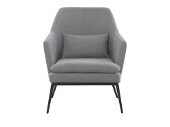 Sillón tapizado color gris perla con cojín y patas de metal negras