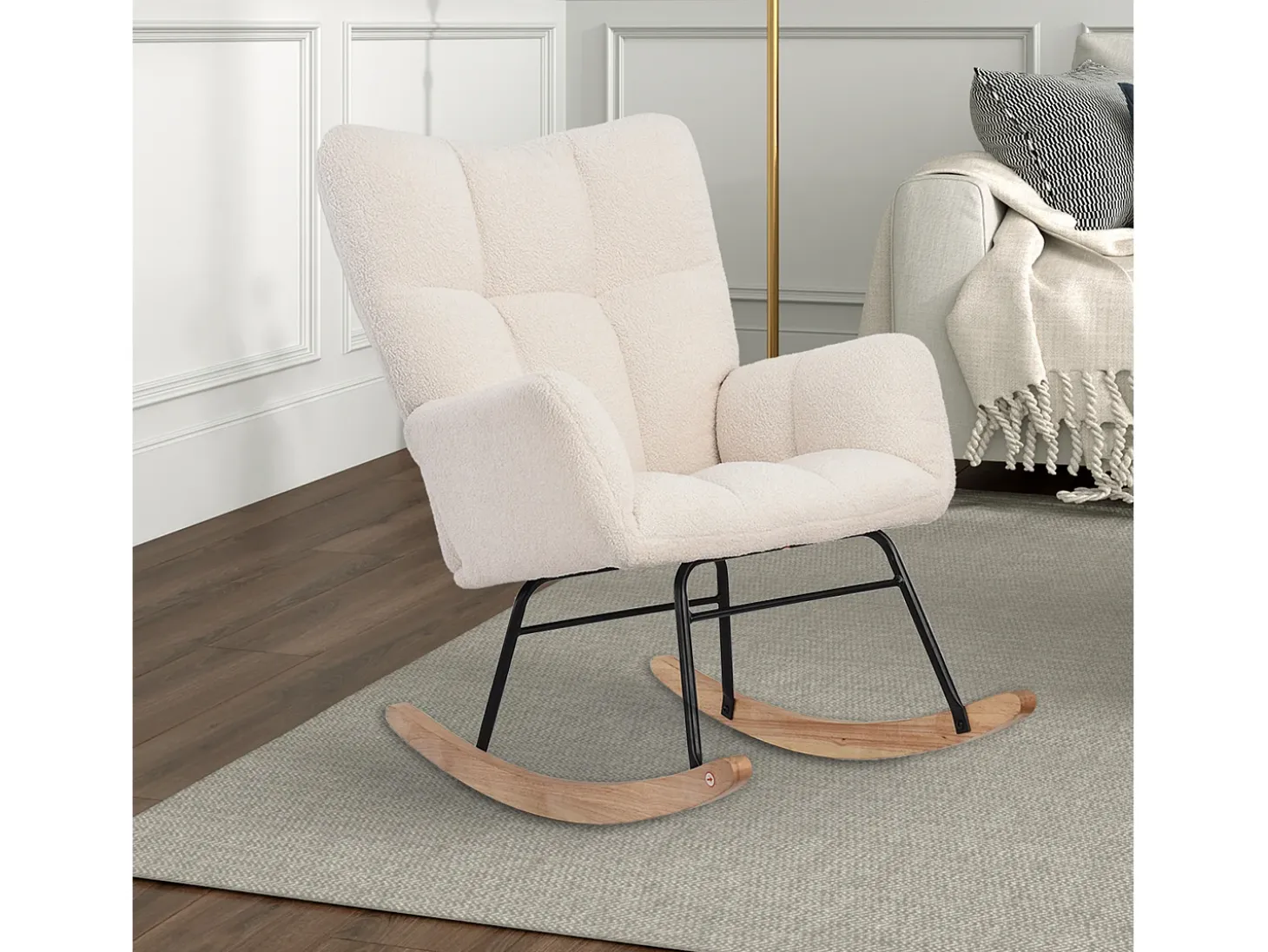 Sillón tapizado, estampado de cuadros suaves, para salón, dormitorio, mecedora, capacidad de peso 120 kg, color beige.