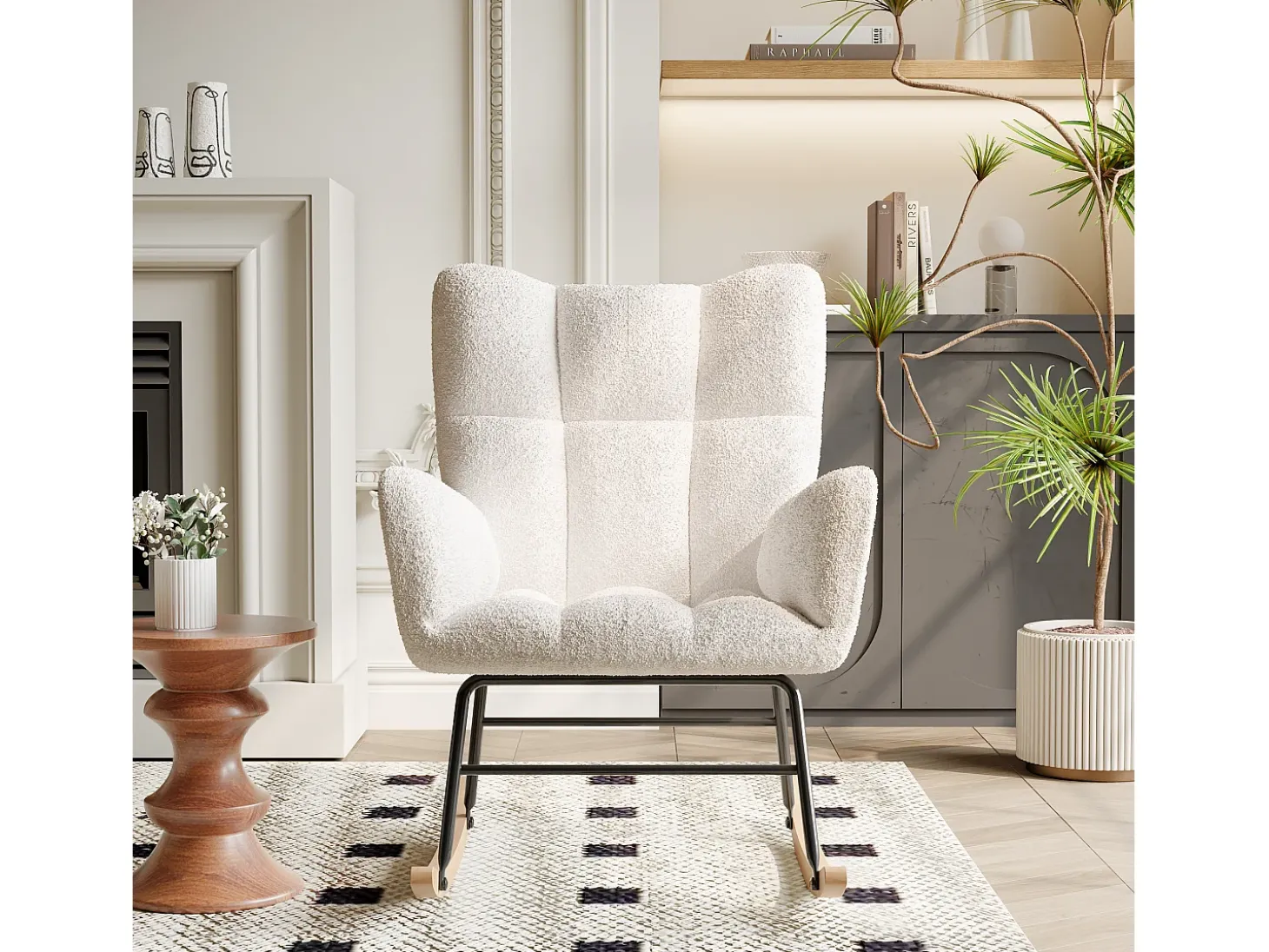 Sillón tapizado, estampado de cuadros suaves, para salón, dormitorio, mecedora, capacidad de peso 120 kg, color beige.
