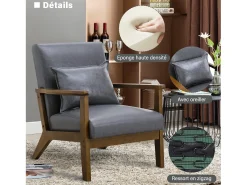 Sillón tapizado estilo vintage de madera maciza - Silla de oficina/dormitorio (68,5 x 81 x 80 cm) en piel sintética gris