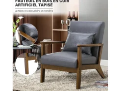 Sillón tapizado estilo vintage de madera maciza - Silla de oficina/dormitorio (68,5 x 81 x 80 cm) en piel sintética gris
