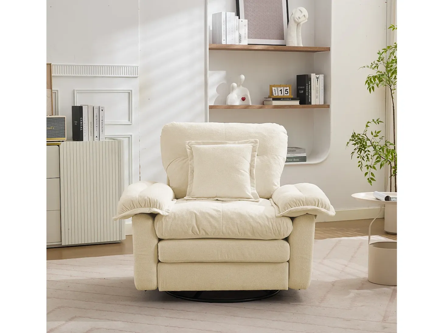Sillón 116x84x96cm, giratorio 360°, con cojín de apoyo en color beige, para dormitorio, salón y habitación infantil.