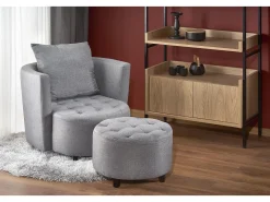Sillón y reposapiés de tela gris con patas de madera maciza NOVA