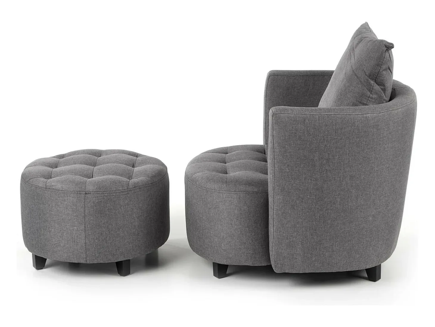 Sillón y reposapiés de tela gris con patas de madera maciza NOVA
