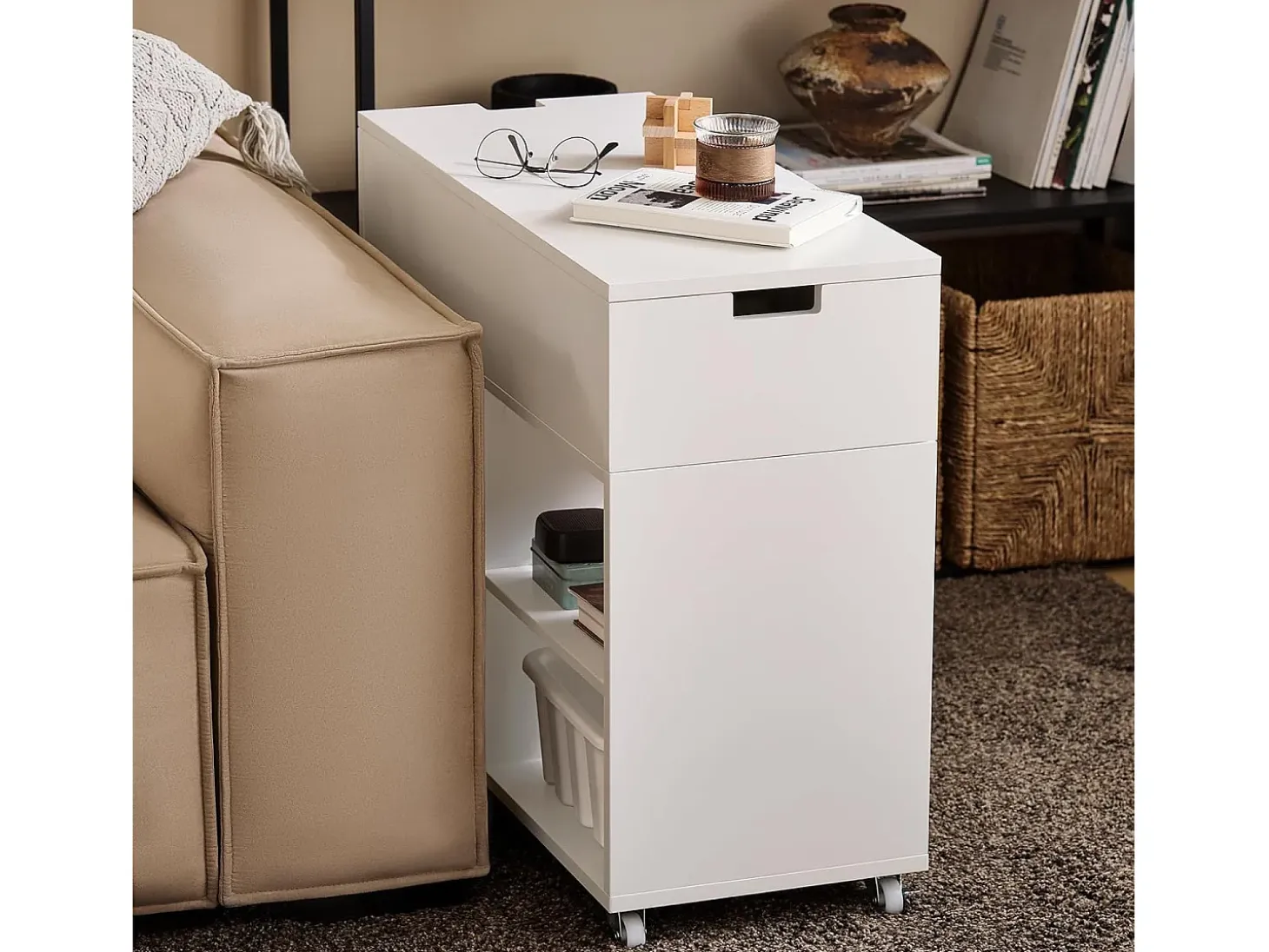 SoBuy FBT134-W Mesa Auxiliar con 1 Cajón y 2 Compartimentos 70 x 30 x 61 cm