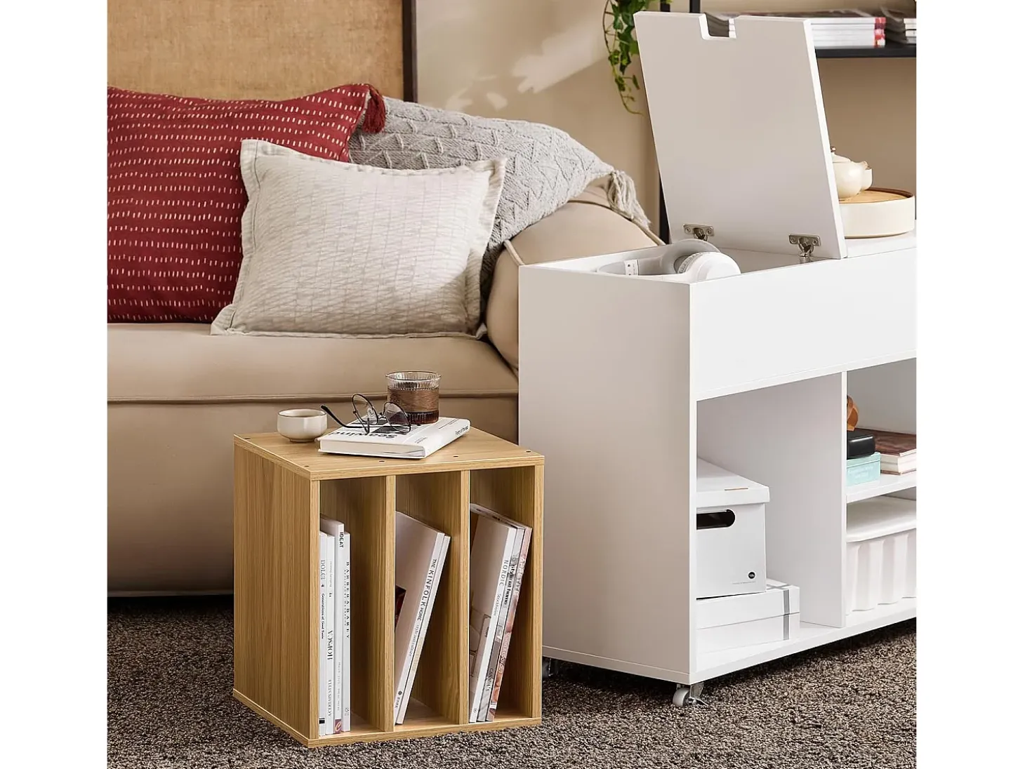 SoBuy FBT134-W Mesa Auxiliar con 1 Cajón y 2 Compartimentos 70 x 30 x 61 cm