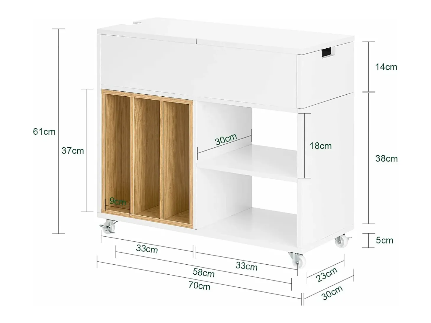 SoBuy FBT134-W Mesa Auxiliar con 1 Cajón y 2 Compartimentos 70 x 30 x 61 cm