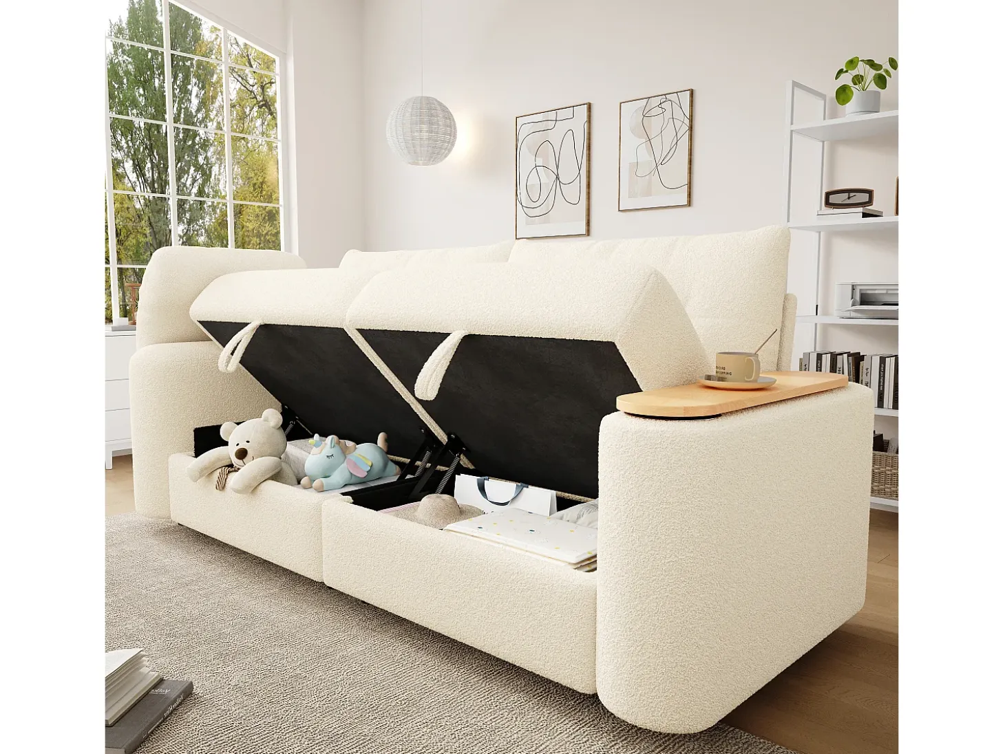 Sofá 3 plazas - con espacio de almacenamiento - con reposacabezas y mesa auxiliar integrada - beige