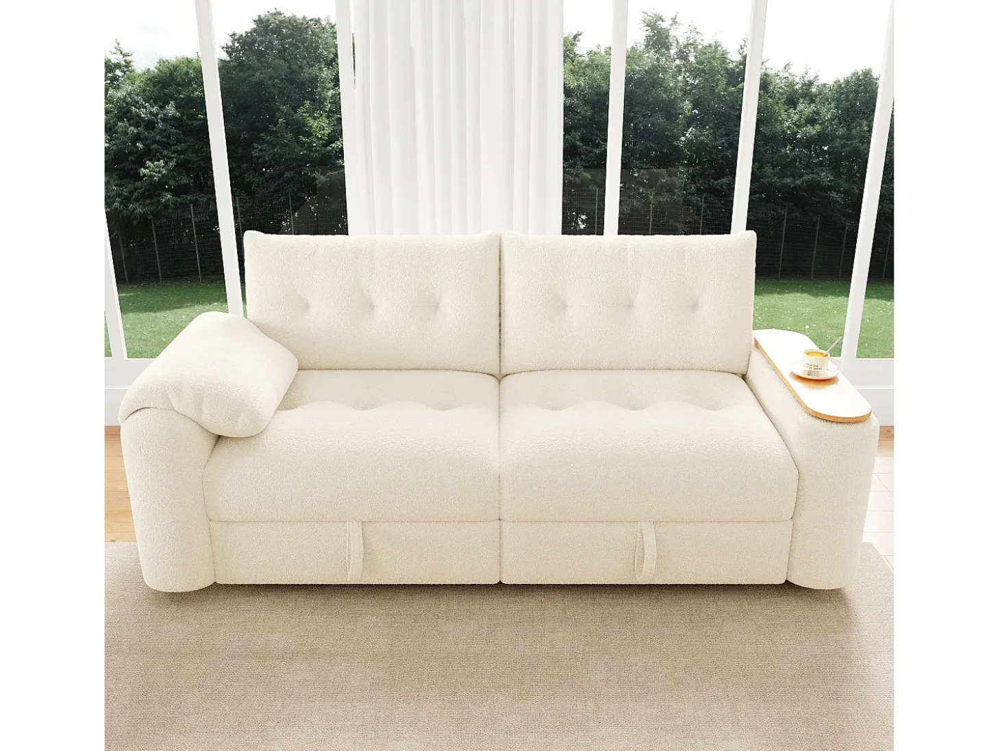Sofá 3 plazas - con espacio de almacenamiento - con reposacabezas y mesa auxiliar integrada - beige