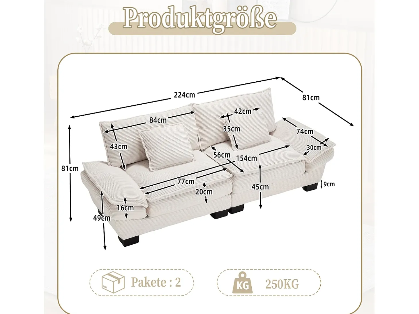 Sofá 2 plazas - Sofá recto con cojines - beige - para salón y dormitorio