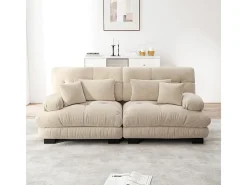 Sofá 2 plazas beige - con 4 cojines - estructura madera maciza + tejido felpa - 220x77x81cm
