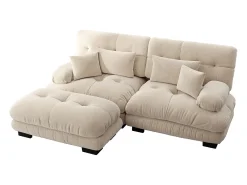 Sofá 2 plazas beige - Sofá esquinero con 2 cojines lumbares y 2 cojines decorativos - reposabrazos y reposapiés - chenilla