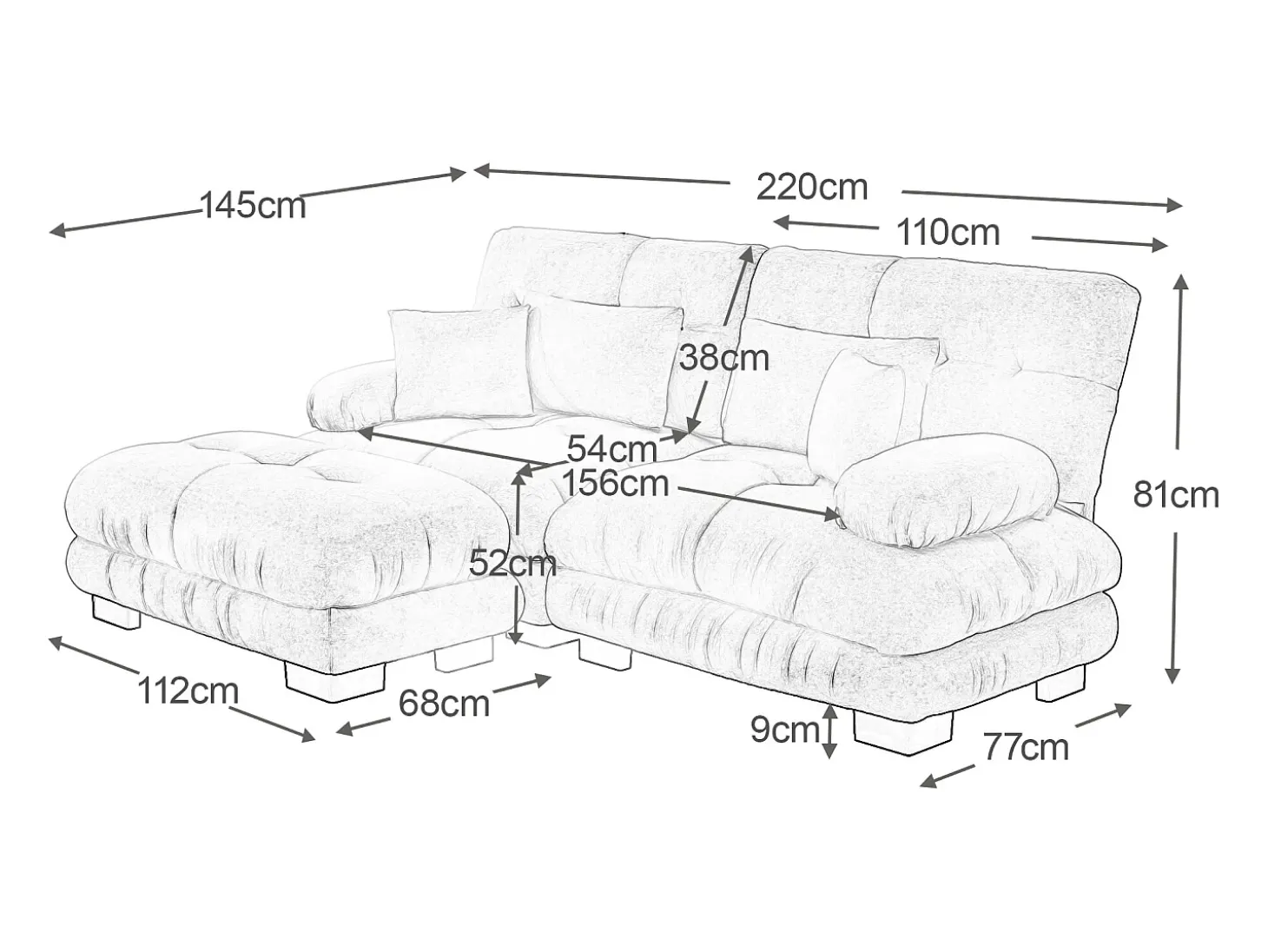 Sofá 2 plazas beige - Sofá esquinero con 2 cojines lumbares y 2 cojines decorativos - reposabrazos y reposapiés - chenilla