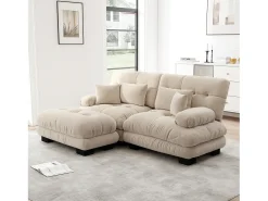 Sofá 2 plazas beige - Sofá esquinero con 2 cojines lumbares y 2 cojines decorativos - reposabrazos y reposapiés - chenilla