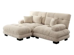 Sofá 2 plazas beige - Sofá esquinero con 2 cojines lumbares y 2 cojines decorativos - reposabrazos y reposapiés - chenilla